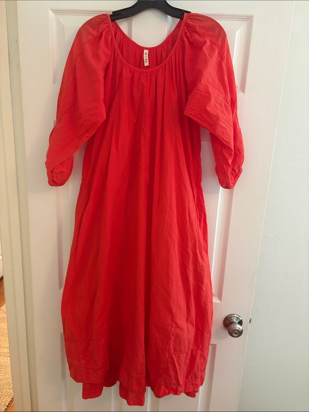 MIRTH Women's Red Midi Dress with Puff Sleeves